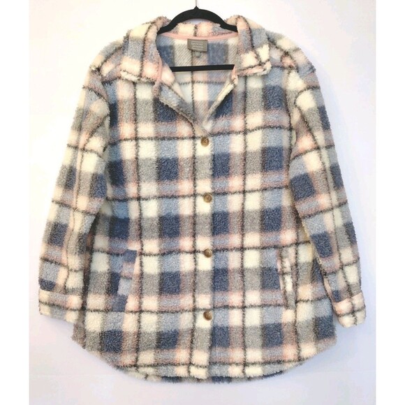 Berkley Jensen Women's Size XL Plaid Multicolor Sherpa Button Front Shacket - Picture 1 of 9
